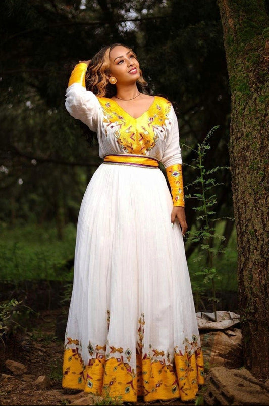 A Stunning Ethiopian Habesha Dress in Menen Fabric with Exquisite Yellow Tilf Design, Habesha Kemis, Eritrean dress, ሀበሻ