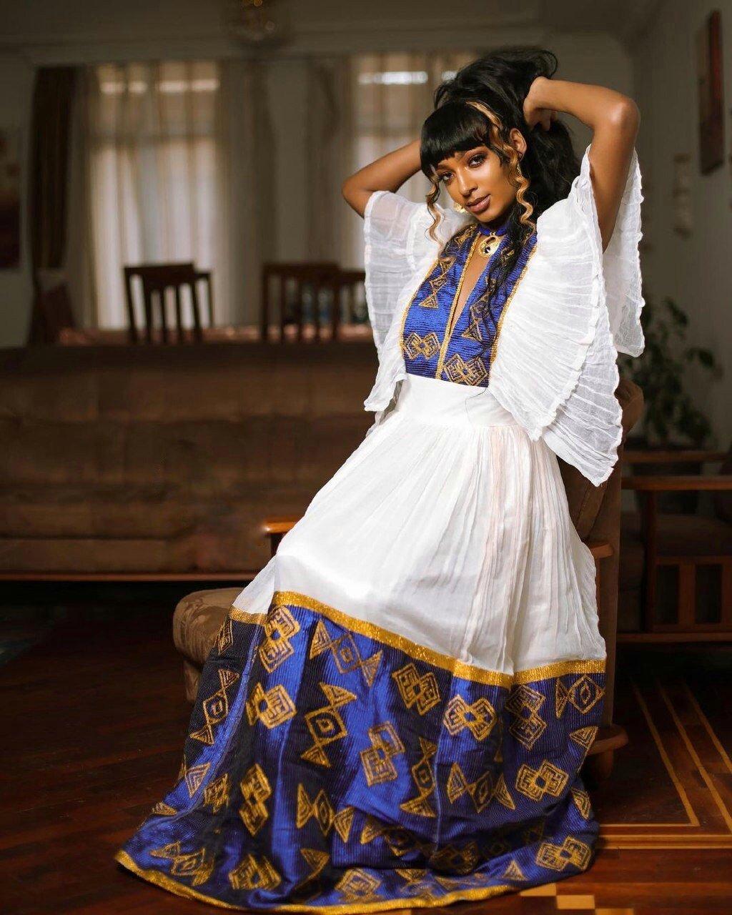 Blue wide tilet habesha kemis design