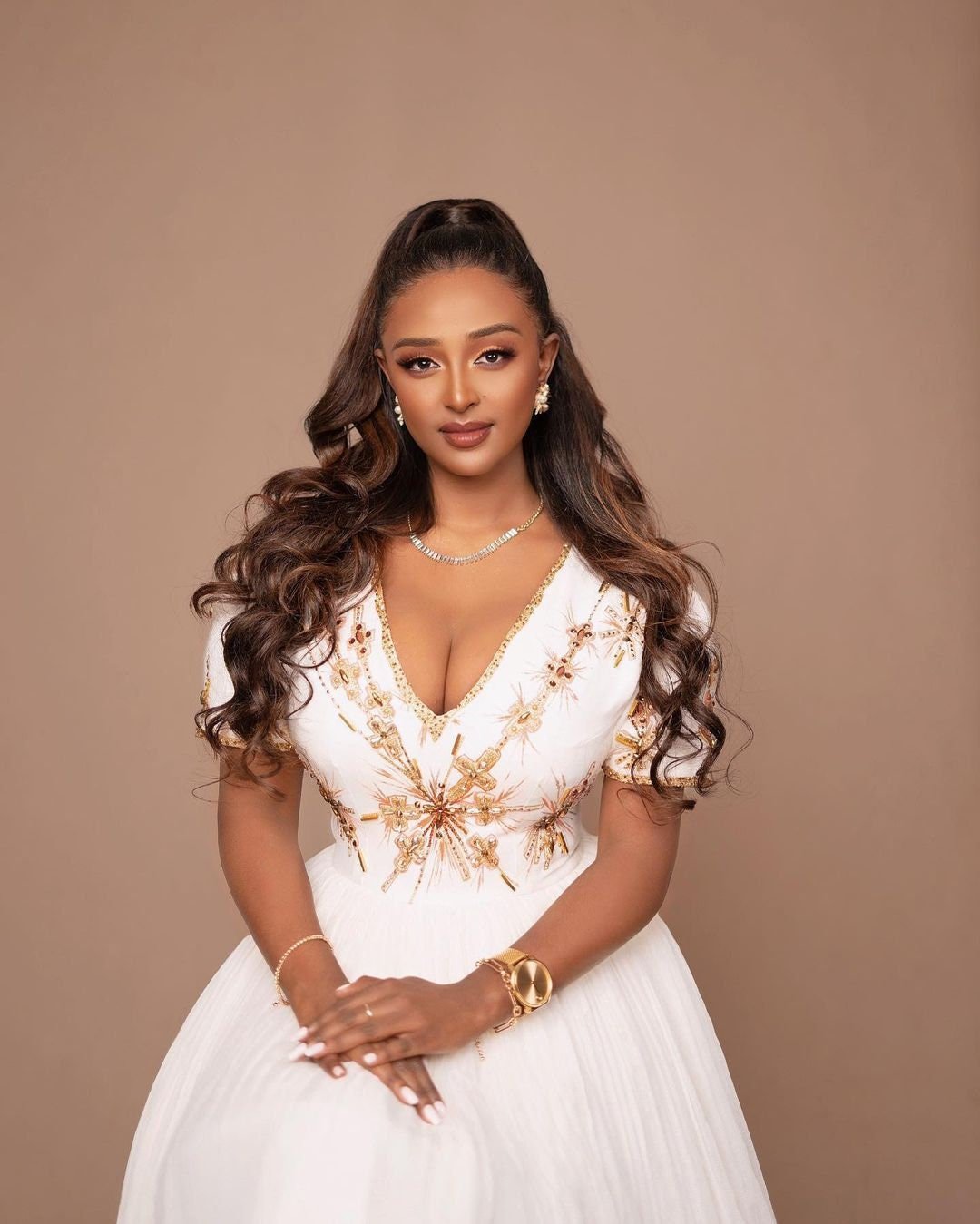 A Habesha Dress of Menen Fabric, Shimena Bottom, and White and Golden Tilf Design with Beadwork, Habesha Kemis, Eritrean dress, ሀበሻ