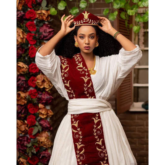 Elegant in Red: A Handwoven Shimena Dress in Menen Fabric with Gorgeous Red Design, Habesha Kemis, Eritrean dress, ሀበሻ