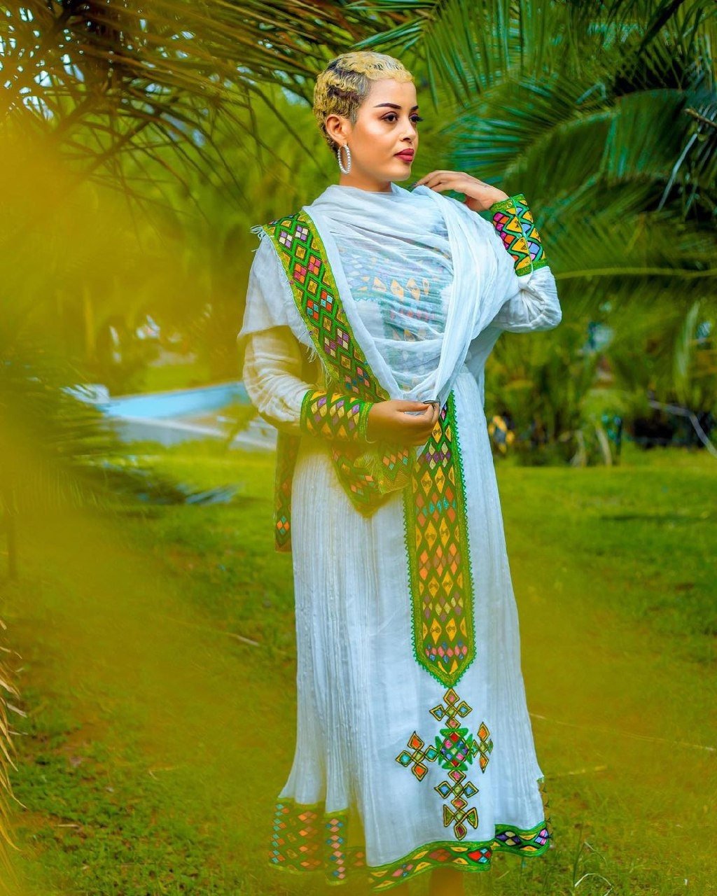 Green tilf habesha dress front side