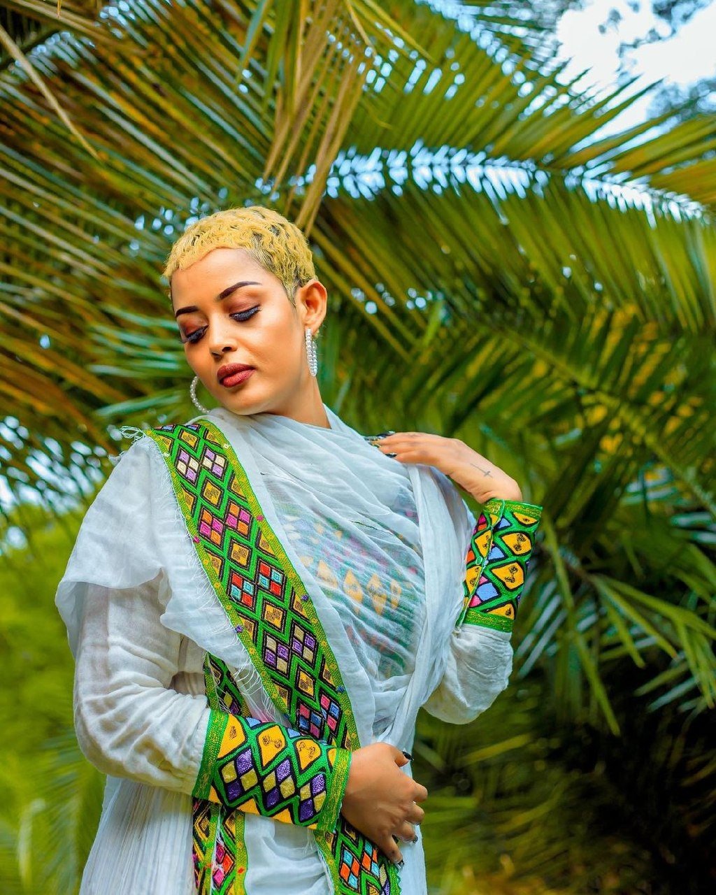 Green tilf habesha dress close up