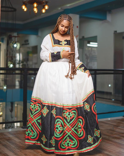 Majestic Tilf Habesha Kemis with black Shimena Detailing, Habesha Kemis, Eritrean dress, ሀበሻ