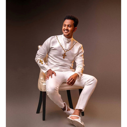 A Complete Traditional Outfit with Shoes for Men, Habesha shirt, ሀበሻ