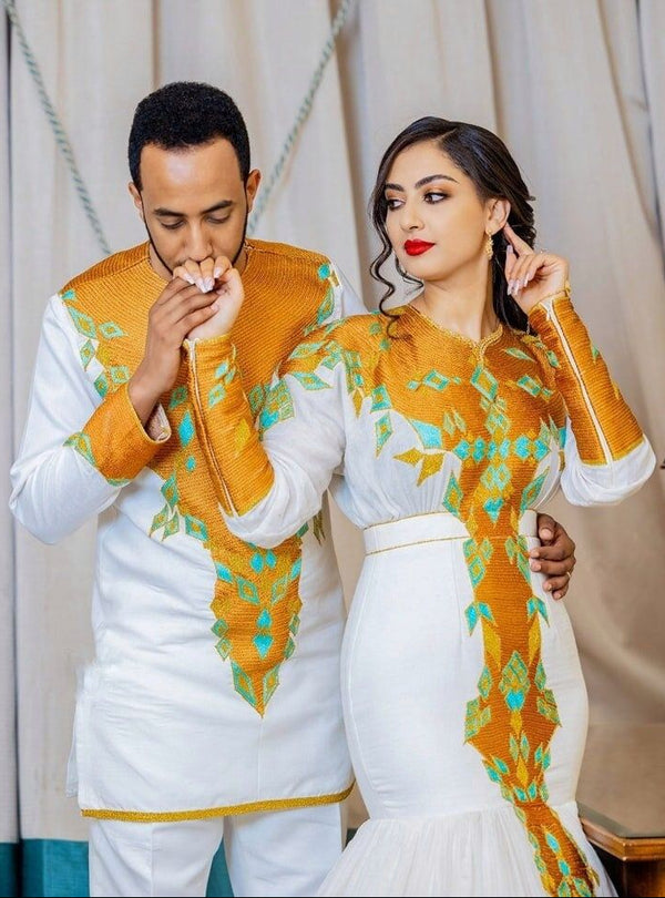 Couples Matching Traditional Cloth with Vibrant Tilf for Men and Women , habesha libs, habesha kemis, ሀበሻ