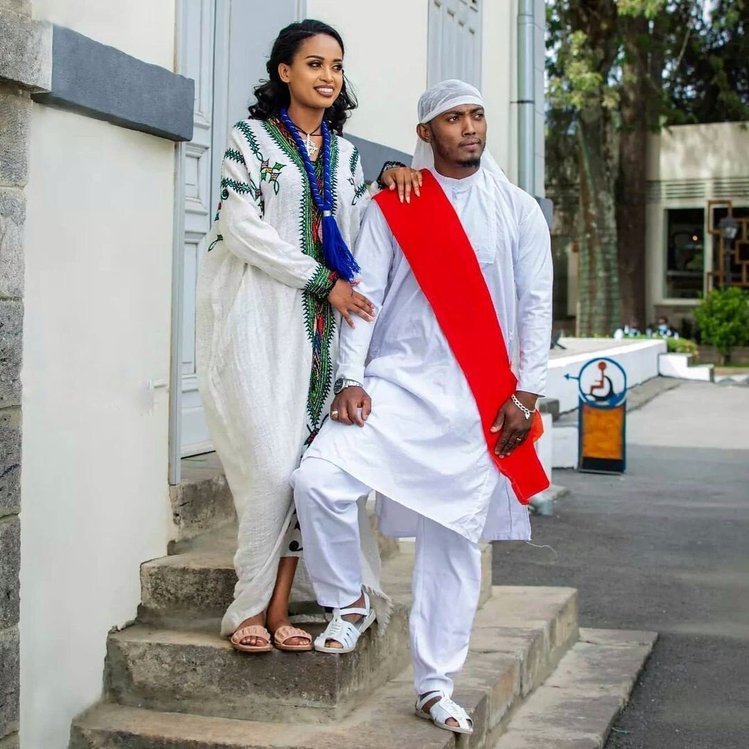 Handwoven Couples Matching Traditional Cloth for Men and Women Habesha Couples Cloth Including Man's Shoes ሀበሻ