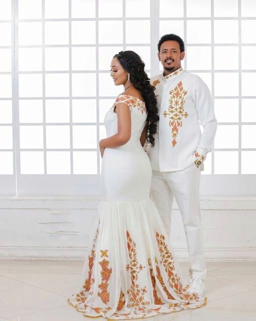 Beautiful Wedding Outfit Couples' Wedding Cloth Habesha Couples' Wedding Dress Zuria Habesha Cloth for Couples ሀበሻ ቀሚስ ሀበሻ ልብስ