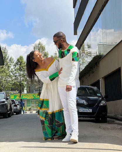 Beautiful New Year Outfit Couples' Habesha Cloth Habesha Couples' Dress Zuria Habesha Cloth for Couples ሀበሻ ቀሚስ ሀበሻ ልብስ