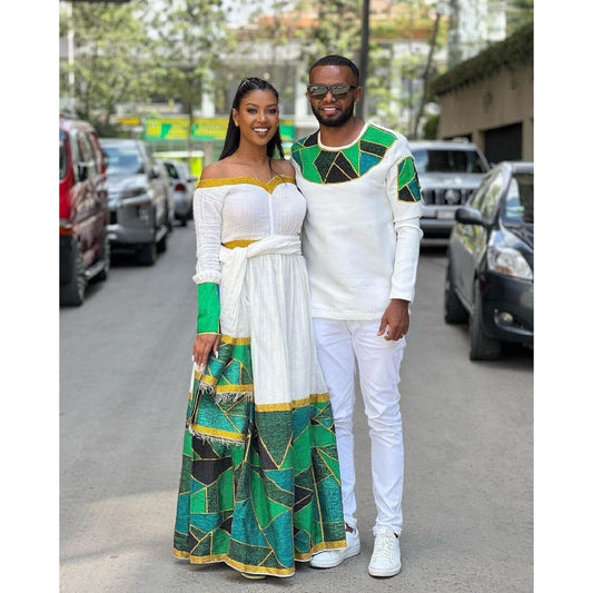 Beautiful New Year Outfit Couples' Habesha Cloth Habesha Couples' Dress Zuria Habesha Cloth for Couples ሀበሻ ቀሚስ ሀበሻ ልብስ