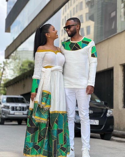 Beautiful New Year Outfit Couples' Habesha Cloth Habesha Couples' Dress Zuria Habesha Cloth for Couples ሀበሻ ቀሚስ ሀበሻ ልብስ