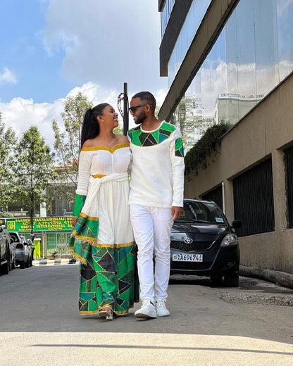 Beautiful New Year Outfit Couples' Habesha Cloth Habesha Couples' Dress Zuria Habesha Cloth for Couples ሀበሻ ቀሚስ ሀበሻ ልብስ