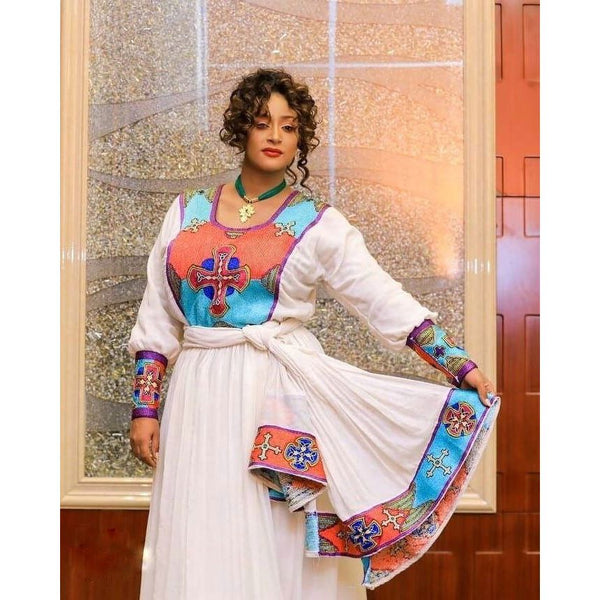 Modern Ethiopian Habesha Dress for Women - Stylish Zuria with Colorful cross Embroidery main image 1