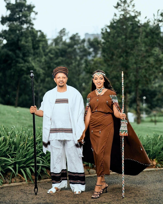 Cultural Oromo Couples' Outfit With Accessories Brown Oromo Dress ሀበሻ ቀሚስ ሀበሻ ልብስ