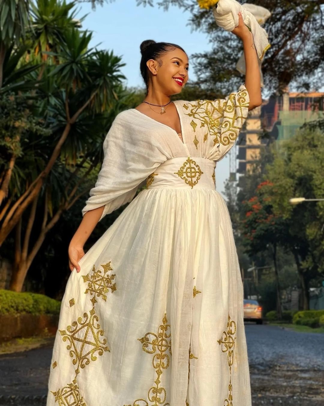Cross like pattern habesha dress yellow design habesha kemis