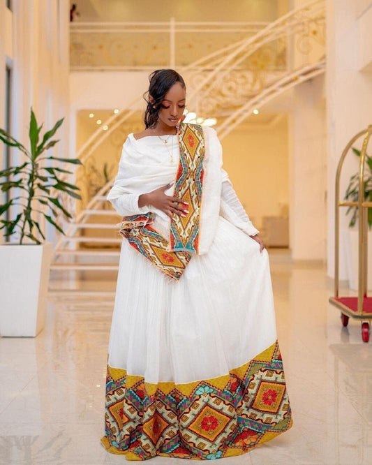 Elegant Habesha Dress with Menen Fabric and Shimena Bottom, Habesha Kemis, Eritrean dress, ሀበሻ