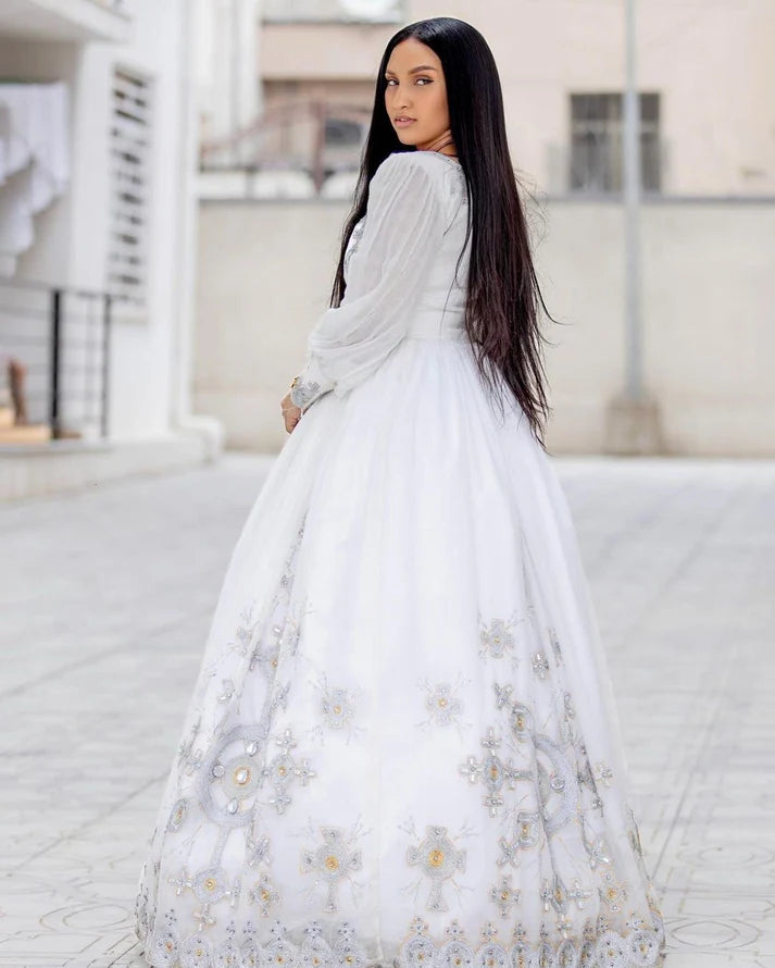 Handwoven Modern Ethiopian Wedding Dress: Majestic Silver Embellishments  Habesha Wedding Dress