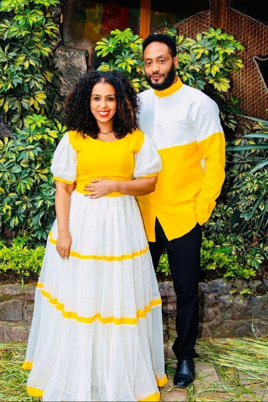 Radiant Yellow Couple's Habesha Outfit Habesha Dress ሀበሻ es0080