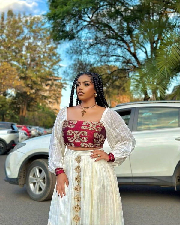 Habesha Libs – Handmade white dress with classic red borders
