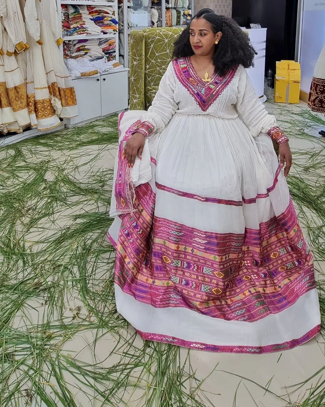 Pink Pattern Habesha Dress Handwoven Habesha Kemis Design Habesha Libs es00114