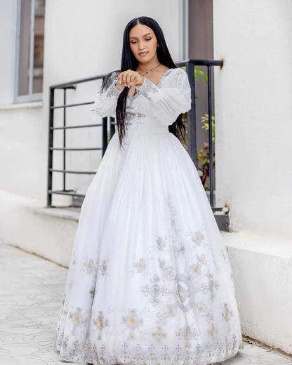 Handwoven Modern Ethiopian Wedding Dress: Majestic Silver Embellishments  Habesha Wedding Dress