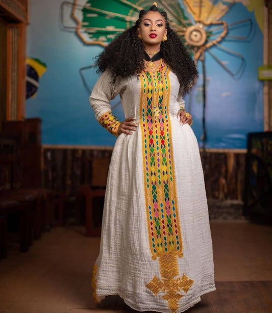 Exquisite Intricacy: Hand-Embroidered Axum Fetil - A Masterpiece of Traditional Habesha Dress Craftsmanship