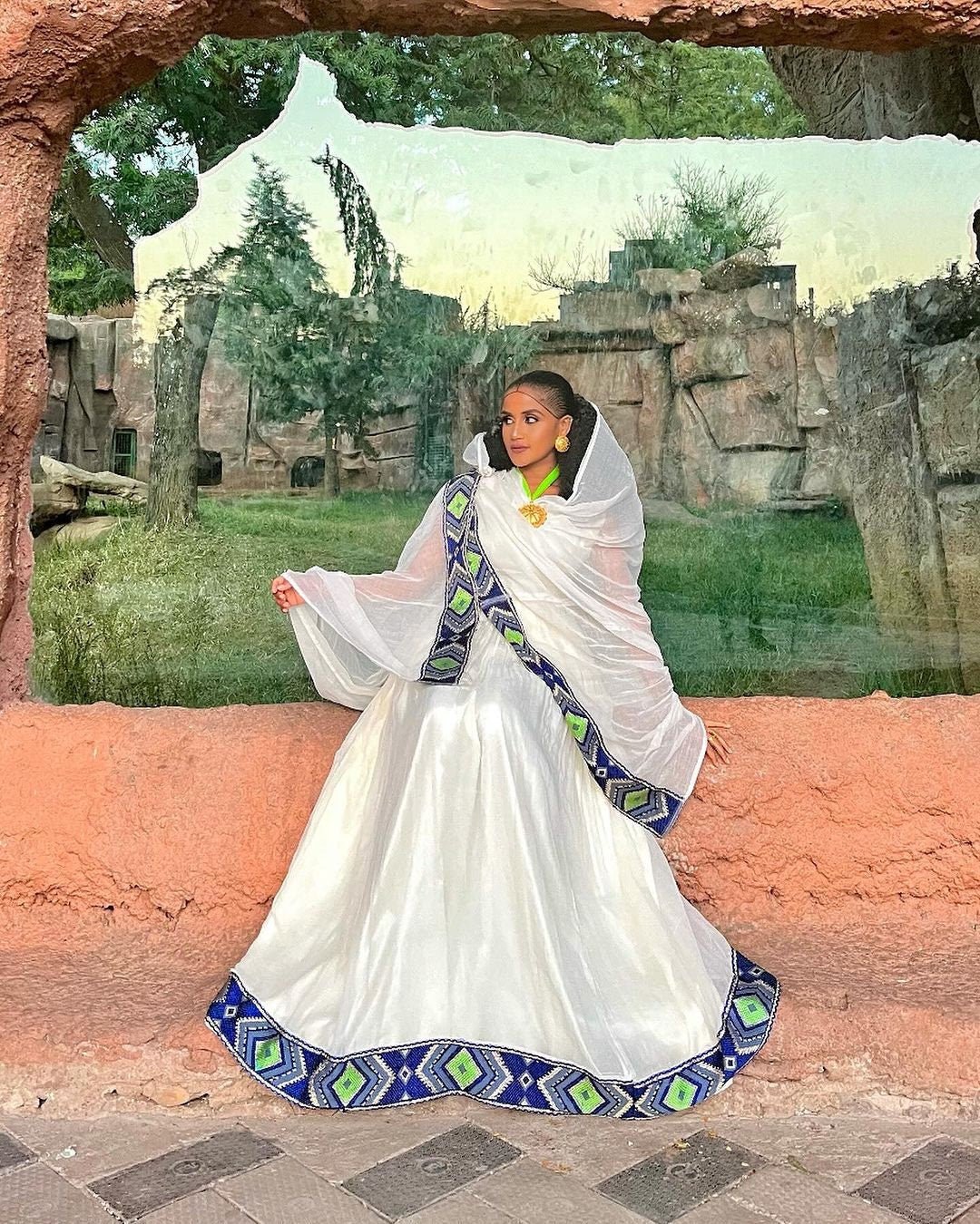 Handwoven Blue Habesha Dress with Green Diamond-Like Patterns Habesha Kemis Habesha libs