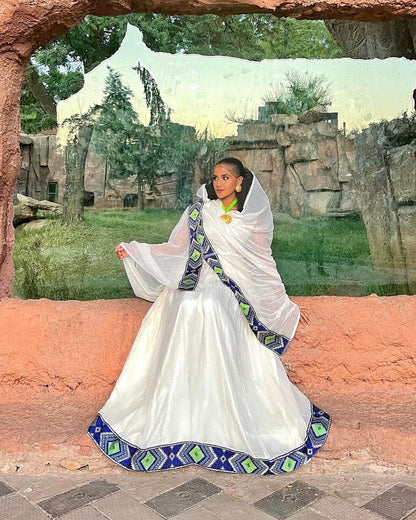 Handwoven Blue Habesha Dress with Green Diamond-Like Patterns Habesha Kemis Habesha libs