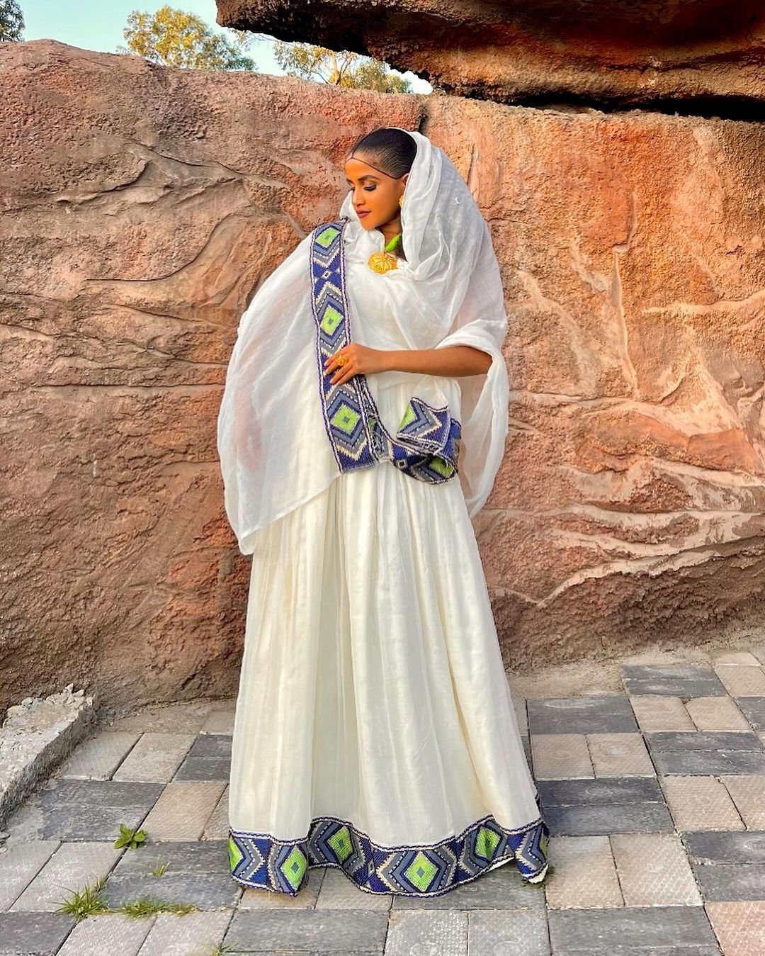 Handwoven Blue Habesha Dress with Green Diamond-Like Patterns Habesha Kemis Habesha libs