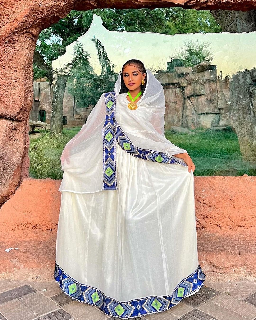 Handwoven Blue Habesha Dress with Green Diamond-Like Patterns Habesha Kemis Habesha libs
