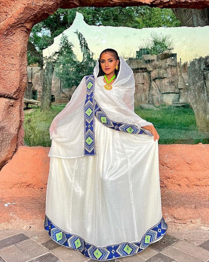 Handwoven Blue Habesha Dress with Green Diamond-Like Patterns Habesha Kemis Habesha libs
