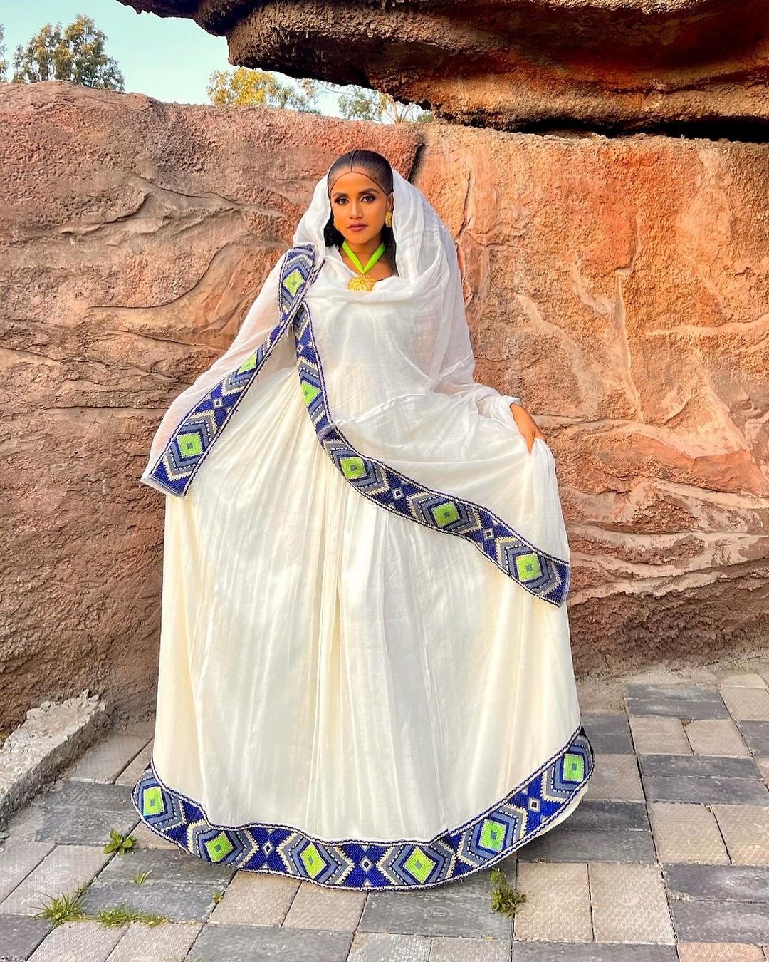 Handwoven Blue Habesha Dress with Green Diamond-Like Patterns Habesha Kemis Habesha libs