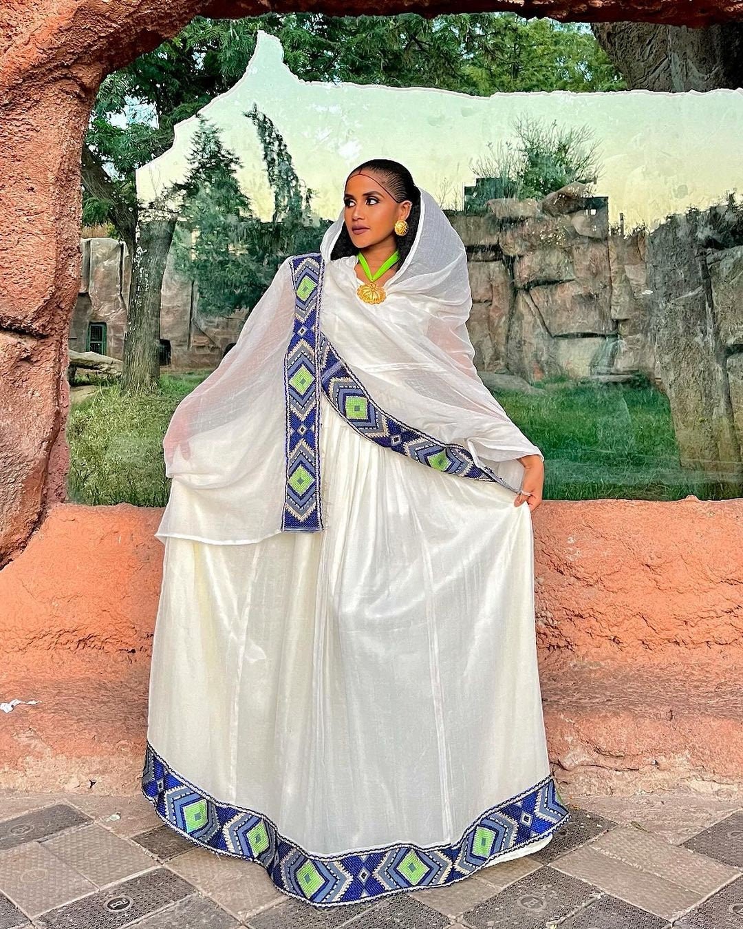 Handwoven Blue Habesha Dress with Green Diamond-Like Patterns Habesha Kemis Habesha libs