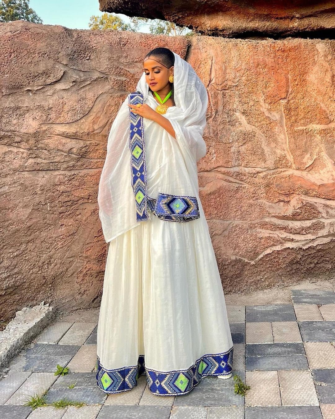 Handwoven Blue Habesha Dress with Green Diamond-Like Patterns Habesha Kemis Habesha libs