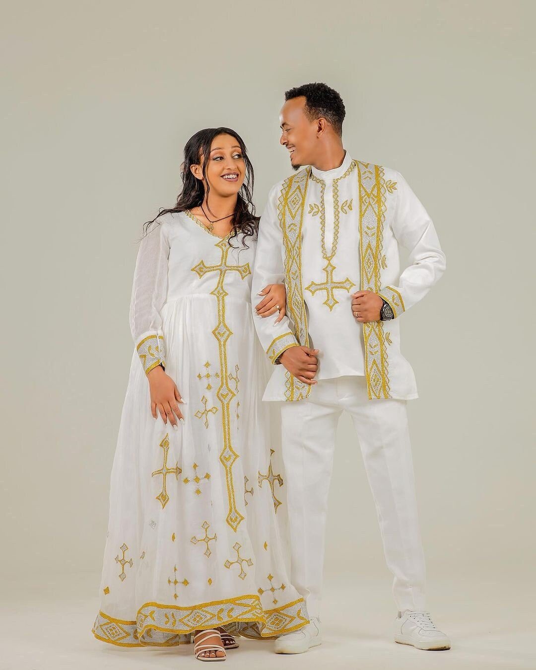 Golden Cross Design Habesha Couples Outfit for Weddings and Special Occasions