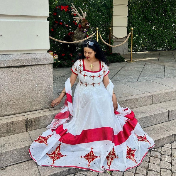 Cheerful White & Bright Red Traditional Habesha Kemis with Matching Scarf main image 1
