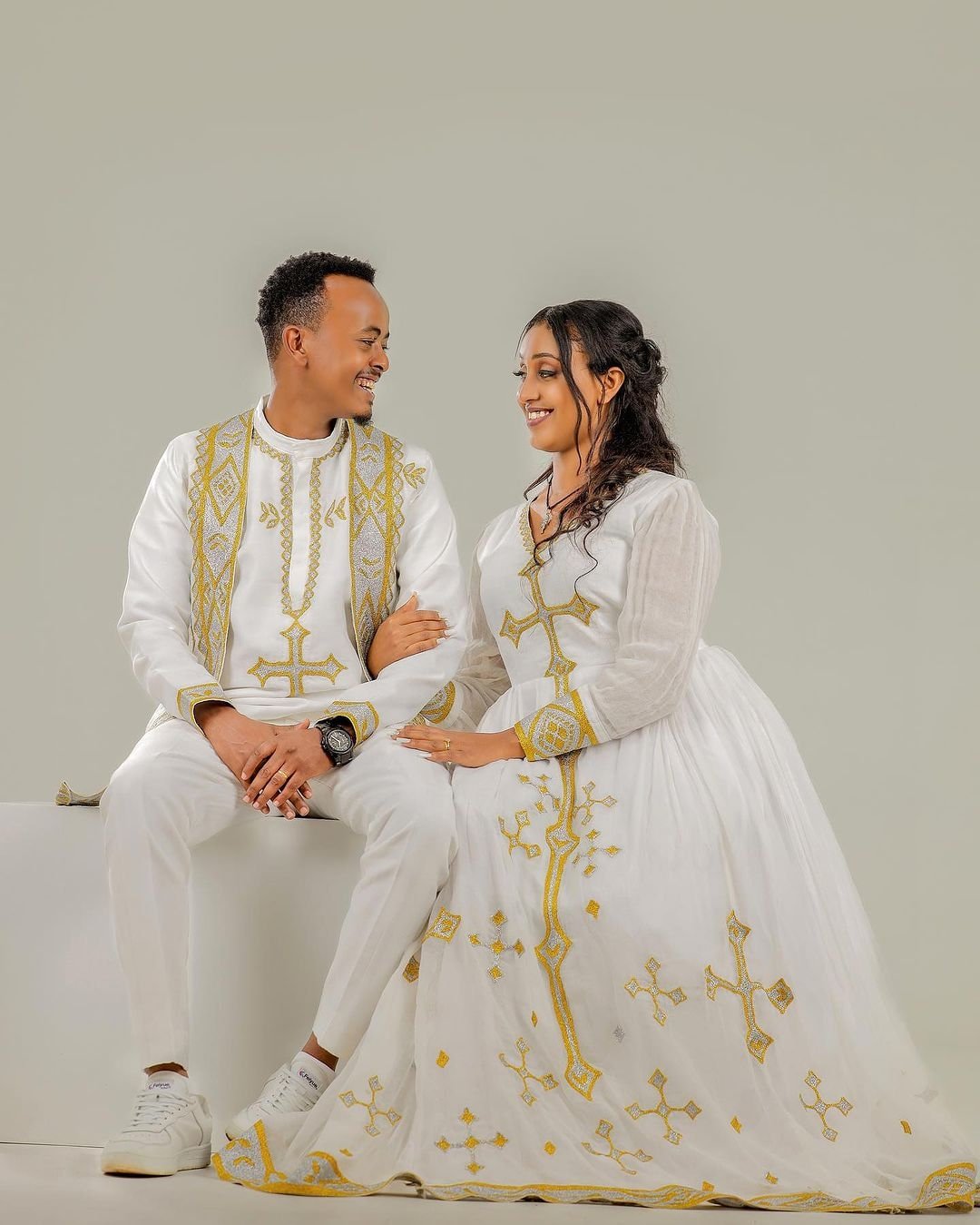 Golden Cross Design Habesha Couples Outfit for Weddings and Special Occasions