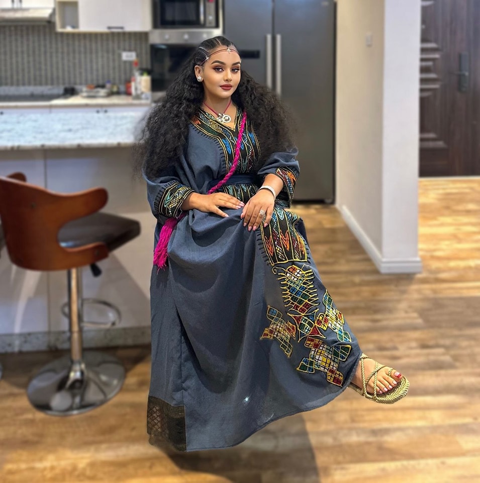 Stylish Ashenda Habesha Dress with Colorful Embroidery – Habesha Kemis – Traditional Ethiopian Dress
