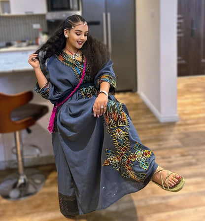 Stylish Ashenda Habesha Dress with Colorful Embroidery – Habesha Kemis – Traditional Ethiopian Dress