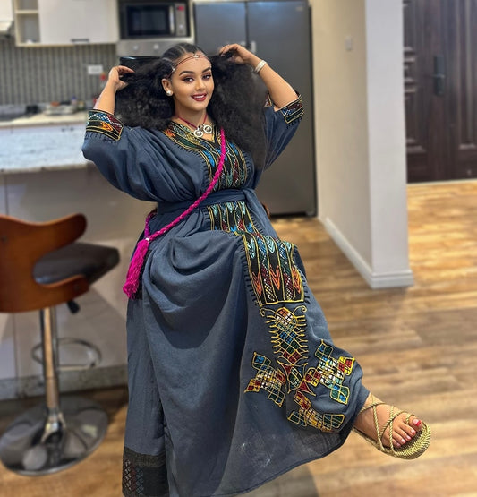 Stylish Ashenda Habesha Dress with Colorful Embroidery – Habesha Kemis – Traditional Ethiopian Dress
