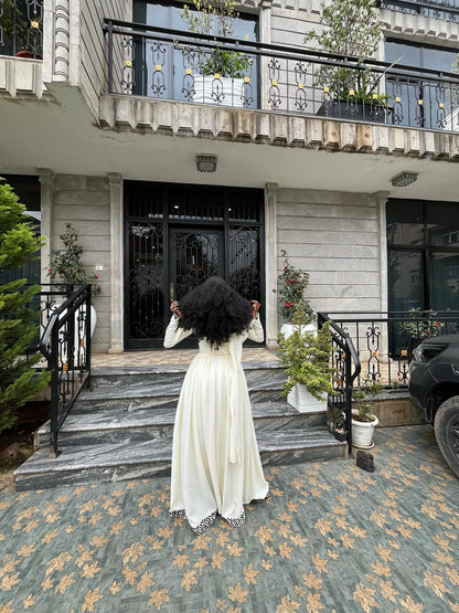 Elegant White Ethiopian Dress Black Geometric Border Design Habesha Kemis Graceful Habesha Dress For Occasions 0081