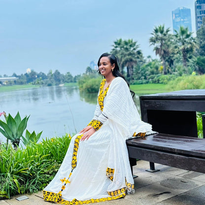 White And Yellow Traditional Ethiopian Dress Modern Embroidery Design Habesha Dress Handwoven Habesha Kemis 182