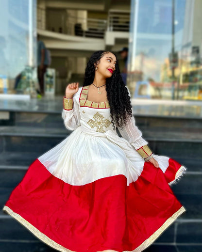 Red Woven Ethiopian Dress Long Sleeve Habesha Dress Habesha Kemis For Cultural Celebrations 264