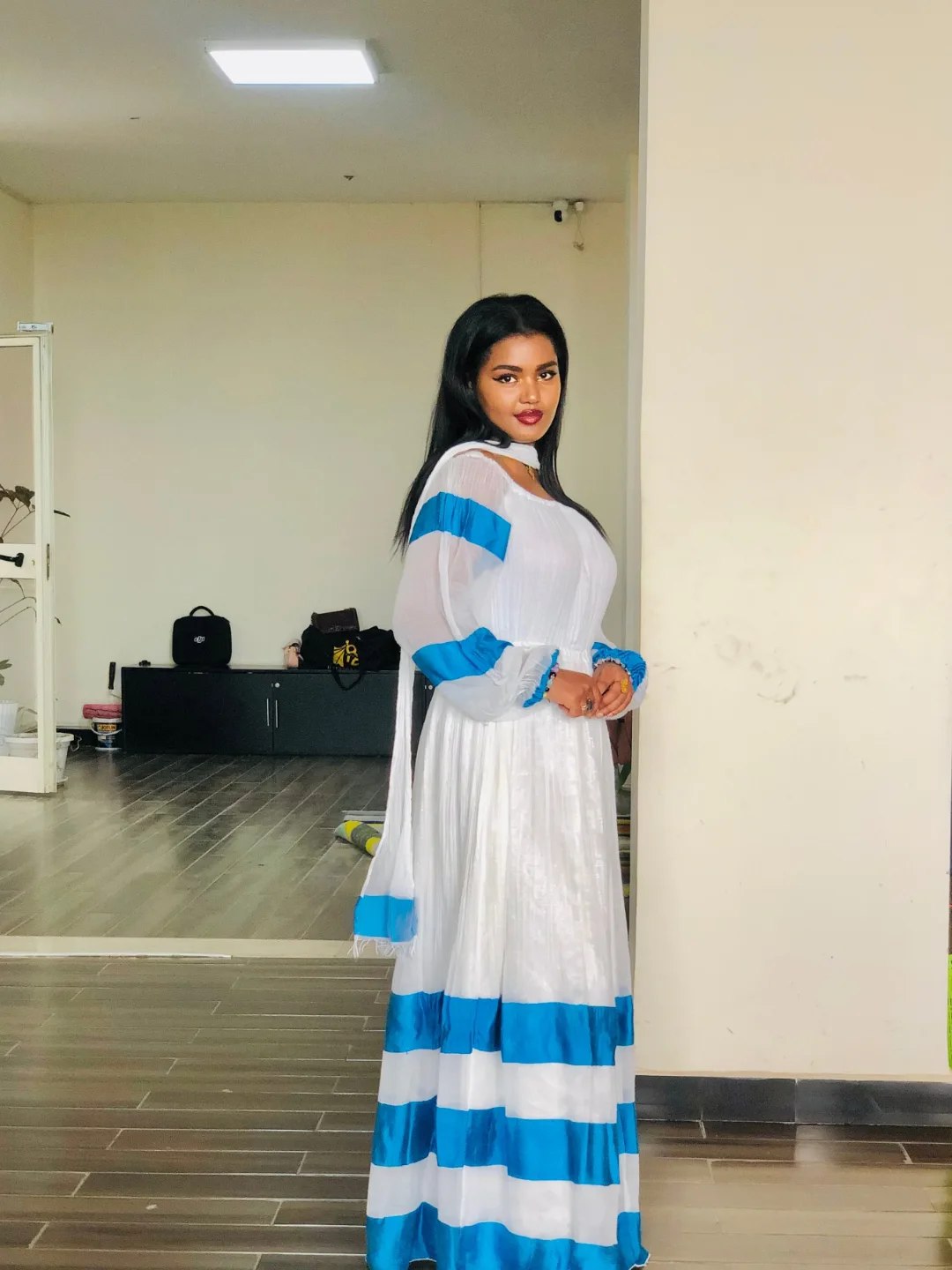 Flowy Habesha Kemis Habesha Dress with Blue Stripes Ethiopian Clothing 304