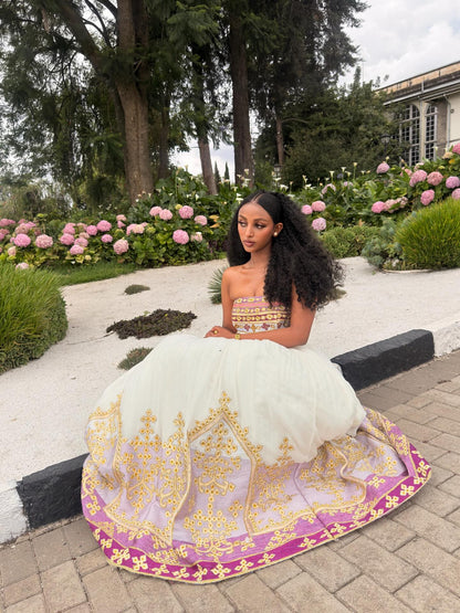 Charming Habesha Dress Strapless Pink Embroidery Habesha Kemis Ethiopian Traditional Wedding Dress 713