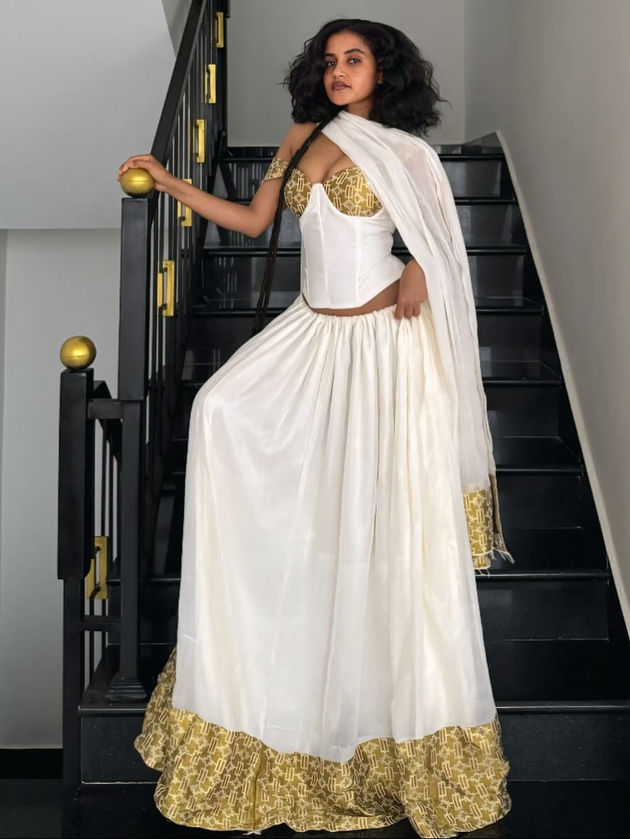 Ethiopian Clothing Gold Woven Habesha Kemis & Short Sleeve Habesha Dress For Festive 750