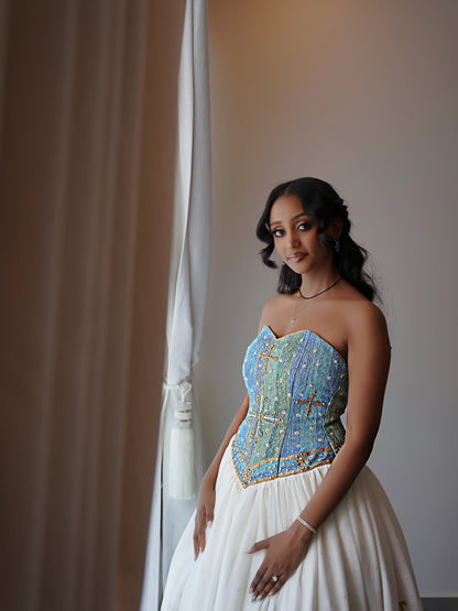 Traditional Ethiopian Wedding Dress Stylish Eritrean Dress Green and Blue Cultural Embroidery Habesha Kemis 764
