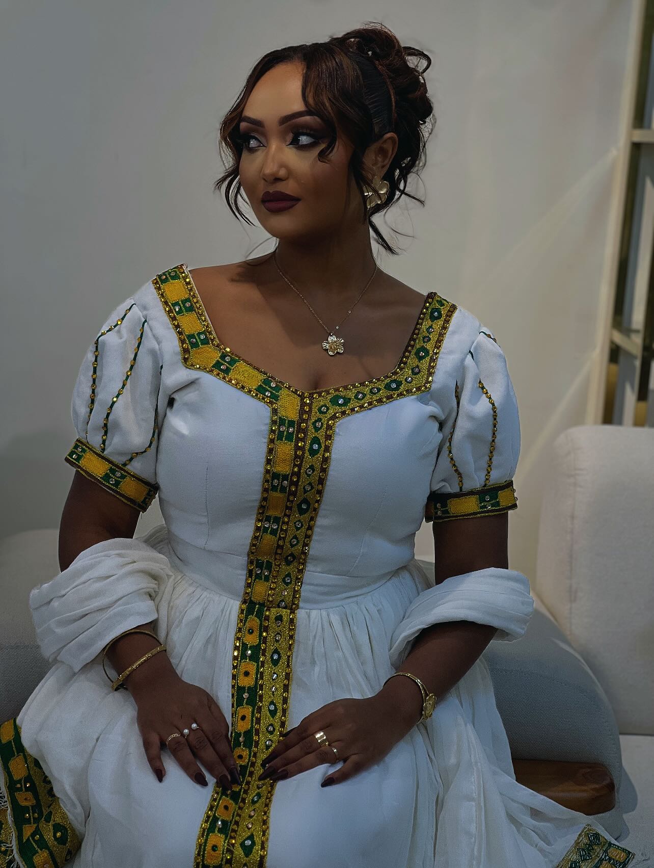 Traditional Ethiopian Dress Yellow Cross Embroidery Habesha Kemis Stunning Habesha Dress For festive 166