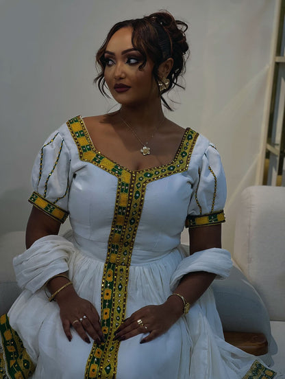 Traditional Ethiopian Dress Yellow Cross Embroidery Habesha Kemis Stunning Habesha Dress For festive 166