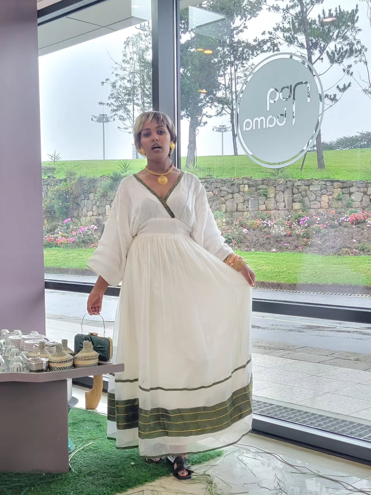 Royal Habesha Kemis White Cultural Dress with Green Tibeb Accents Festive Habesha Dress 230