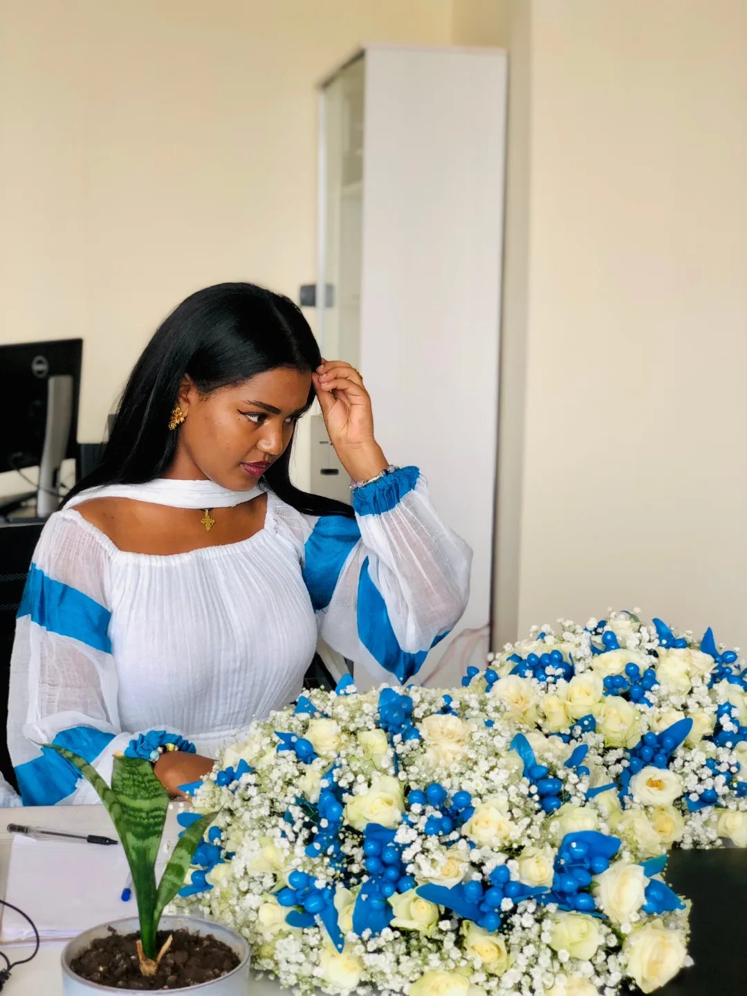 Flowy Habesha Kemis Habesha Dress with Blue Stripes Ethiopian Clothing 304